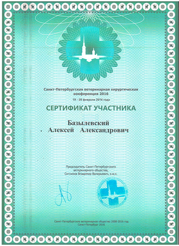 sertifikat-bazylevskogo-a-a-spb-veterinarnaya-hirurgicheskaya-konferenciya-2016 Базылевский Алексей Александрович