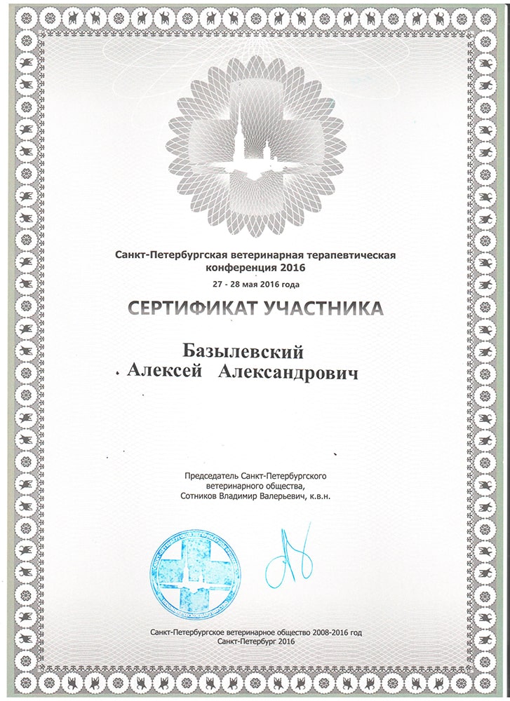 sertifikat-bazylevskogo-a-a-spb-veterinarnaya-terapevticheskaya-konferenciya-2016 Базылевский Алексей Александрович