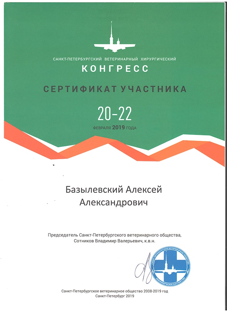 sertifikat-bazylevskogo-a-a-spb-veterinarnyj-hirurgicheskij-kongress-2019 Базылевский Алексей Александрович